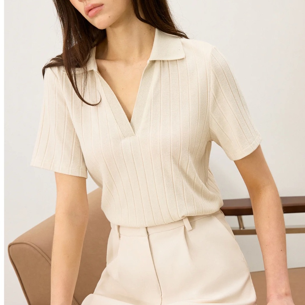 Commense Beige Short Sleeve Knit Top